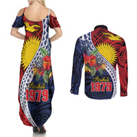 Flag of Kiribati Polynesian Pattern Couples Matching Summer Maxi Dress and Long Sleeve Button Shirt Est 1979 With Tropical Flowers LT9 - Polynesian Pride