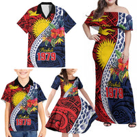 Flag of Kiribati Polynesian Pattern Family Matching Off Shoulder Maxi Dress and Hawaiian Shirt Est 1979 With Tropical Flowers LT9 - Polynesian Pride