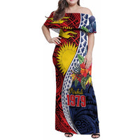 Flag of Kiribati Polynesian Pattern Family Matching Off Shoulder Maxi Dress and Hawaiian Shirt Est 1979 With Tropical Flowers LT9 Mom's Dress Red - Polynesian Pride