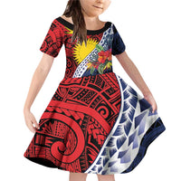 Flag of Kiribati Polynesian Pattern Family Matching Off Shoulder Short Dress and Hawaiian Shirt Est 1979 With Tropical Flowers LT9 Daughter's Dress Red - Polynesian Pride