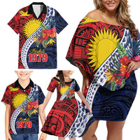 Flag of Kiribati Polynesian Pattern Family Matching Off Shoulder Short Dress and Hawaiian Shirt Est 1979 With Tropical Flowers LT9 - Polynesian Pride