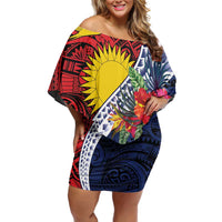 Flag of Kiribati Polynesian Pattern Family Matching Off Shoulder Short Dress and Hawaiian Shirt Est 1979 With Tropical Flowers LT9 Mom's Dress Red - Polynesian Pride
