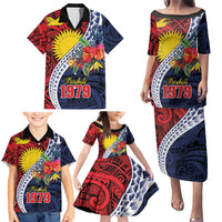 Flag of Kiribati Polynesian Pattern Family Matching Puletasi and Hawaiian Shirt Est 1979 With Tropical Flowers LT9 - Polynesian Pride