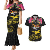Kiribati Independence Day Personalised Couples Matching Mermaid Dress and Hawaiian Shirt Gold Frigatebird with Polynesian Pattern LT9 Black - Polynesian Pride