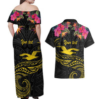 Kiribati Independence Day Personalised Couples Matching Off Shoulder Maxi Dress and Hawaiian Shirt Gold Frigatebird with Polynesian Pattern LT9 - Polynesian Pride
