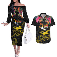 Kiribati Independence Day Personalised Couples Matching Off The Shoulder Long Sleeve Dress and Hawaiian Shirt Gold Frigatebird with Polynesian Pattern LT9 Black - Polynesian Pride