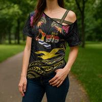 Kiribati Independence Day Personalised Cross Shoulder Shirt Gold Frigatebird with Polynesian Pattern - Polynesian Pride