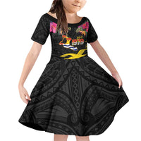 Kiribati Independence Day Personalised Family Matching Off Shoulder Short Dress and Hawaiian Shirt Gold Frigatebird with Polynesian Pattern LT9 Daughter's Dress Black - Polynesian Pride