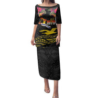 Kiribati Independence Day Personalised Family Matching Puletasi and Hawaiian Shirt Gold Frigatebird with Polynesian Pattern LT9 Mom's Dress Black - Polynesian Pride