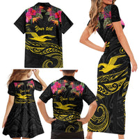 Kiribati Independence Day Personalised Family Matching Short Sleeve Bodycon Dress and Hawaiian Shirt Gold Frigatebird with Polynesian Pattern LT9 - Polynesian Pride