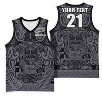 Custom New Zealand Taiaha Maori Basketball Jersey Minimalist Silver Fern All Black - Polynesian Pride