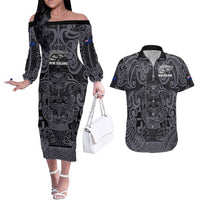 Custom New Zealand Taiaha Maori Couples Matching Off The Shoulder Long Sleeve Dress and Hawaiian Shirt Minimalist Silver Fern All Black LT9 Black - Polynesian Pride