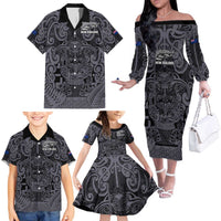 Custom New Zealand Taiaha Maori Family Matching Off The Shoulder Long Sleeve Dress and Hawaiian Shirt Minimalist Silver Fern All Black LT9 - Polynesian Pride