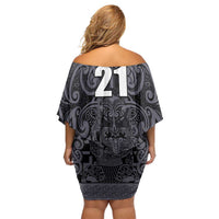 Custom New Zealand Taiaha Maori Family Matching Off Shoulder Short Dress and Hawaiian Shirt Minimalist Silver Fern All Black LT9 - Polynesian Pride