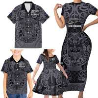 Custom New Zealand Taiaha Maori Family Matching Short Sleeve Bodycon Dress and Hawaiian Shirt Minimalist Silver Fern All Black LT9 - Polynesian Pride