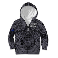Custom New Zealand Taiaha Maori Kid Hoodie Minimalist Silver Fern All Black LT9 Zip Hoodie Black - Polynesian Pride