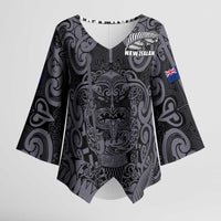 Custom New Zealand Taiaha Maori Kimono Sleeve Blouse Minimalist Silver Fern All Black LT9 Female Black - Polynesian Pride