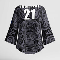 Custom New Zealand Taiaha Maori Kimono Sleeve Blouse Minimalist Silver Fern All Black LT9 - Polynesian Pride