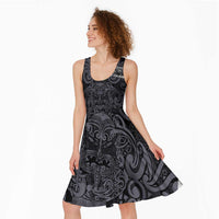 Custom New Zealand Taiaha Maori Midi Dress Minimalist Silver Fern All Black LT9 - Polynesian Pride