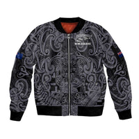 Custom New Zealand Taiaha Maori Sleeve Zip Bomber Jacket Minimalist Silver Fern All Black LT9 Unisex Black - Polynesian Pride