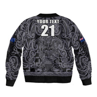 Custom New Zealand Taiaha Maori Sleeve Zip Bomber Jacket Minimalist Silver Fern All Black LT9 - Polynesian Pride