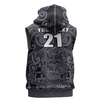 Custom New Zealand Taiaha Maori Sleeveless Hoodie Minimalist Silver Fern All Black LT9 - Polynesian Pride