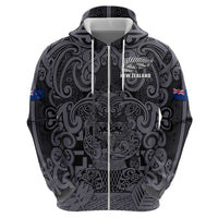 Custom New Zealand Taiaha Maori Zip Hoodie Minimalist Silver Fern All Black LT9 - Polynesian Pride