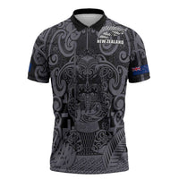 Custom New Zealand Taiaha Maori Zipper Polo Shirt Minimalist Silver Fern All Black LT9 Black - Polynesian Pride