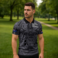 Custom New Zealand Taiaha Maori Zipper Polo Shirt Minimalist Silver Fern All Black LT9 - Polynesian Pride