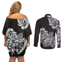 Polynesian Couples Matching Off Shoulder Short Dress and Long Sleeve Button Shirts Pacific Flower Mix Floral Tribal Tattoo Black Vibe LT9 - Polynesian Pride