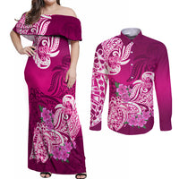 Polynesian Couples Matching Off Shoulder Maxi Dress and Long Sleeve Button Shirts Pacific Flower Mix Floral Tribal Tattoo Pink Vibe LT9 Pink - Polynesian Pride
