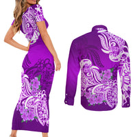 Polynesian Couples Matching Short Sleeve Bodycon Dress and Long Sleeve Button Shirts Pacific Flower Mix Floral Tribal Tattoo Purple Vibe LT9 - Polynesian Pride