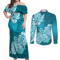 Polynesian Couples Matching Off Shoulder Maxi Dress and Long Sleeve Button Shirts Pacific Flower Mix Floral Tribal Tattoo Aqua Vibe LT9 Aqua - Polynesian Pride