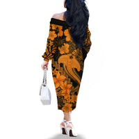 Aloha Hawaii Off The Shoulder Long Sleeve Dress Hammerhead Shark Tattoo Polynesian Summer - Gold LT9 - Polynesian Pride