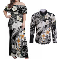Aloha Hawaii Couples Matching Off Shoulder Maxi Dress and Long Sleeve Button Shirts Hammerhead Shark Tattoo Polynesian Summer - White LT9 White - Polynesian Pride