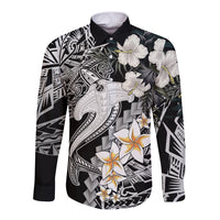 Aloha Hawaii Long Sleeve Button Shirt Hammerhead Shark Tattoo Polynesian Summer - White LT9 Unisex White - Polynesian Pride