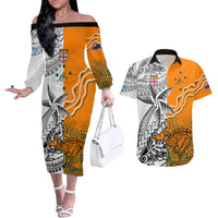 Fiji Australia Rugby Couples Matching Off The Shoulder Long Sleeve Dress and Hawaiian Shirt World Cup 2023 Polynesia Tapa Mixed Indigenous Aboriginal LT9 Gold - Polynesian Pride