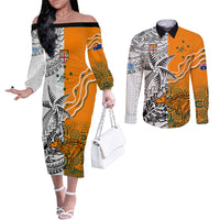 Personalised Fiji Australia Rugby Couples Matching Off The Shoulder Long Sleeve Dress and Long Sleeve Button Shirts World Cup 2023 Polynesia Tapa Mixed Indigenous Aboriginal LT9 Gold - Polynesian Pride