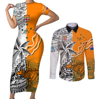 Personalised Fiji Australia Rugby Couples Matching Short Sleeve Bodycon Dress and Long Sleeve Button Shirts World Cup 2023 Polynesia Tapa Mixed Indigenous Aboriginal LT9 Gold - Polynesian Pride