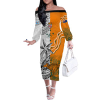 Personalised Fiji Australia Rugby Family Matching Off Shoulder Long Sleeve Dress and Hawaiian Shirt World Cup 2023 Polynesia Tapa Mixed Indigenous Aboriginal LT9 Mom's Dress Gold - Polynesian Pride