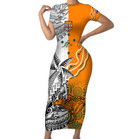 Personalised Fiji Australia Rugby Family Matching Short Sleeve Bodycon Dress and Hawaiian Shirt World Cup 2023 Polynesia Tapa Mixed Indigenous Aboriginal LT9 Mom's Dress Gold - Polynesian Pride