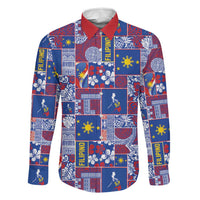 Filipino Maligayang Pasko Family Matching Off Shoulder Maxi Dress and Hawaiian Shirt Pacific Patchwork Xmas Vibes LT9 Dad's Shirt - Long Sleeve Blue - Polynesian Pride
