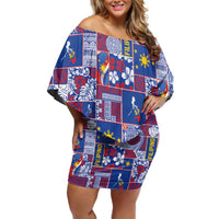 Filipino Maligayang Pasko Family Matching Off Shoulder Short Dress and Hawaiian Shirt Pacific Patchwork Xmas Vibes LT9 Mom's Dress Blue - Polynesian Pride