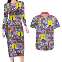 New Caledonia Joyeux Noel Couples Matching Long Sleeve Bodycon Dress and Hawaiian Shirt Pacific Patchwork Xmas Vibes LT9 Blue - Polynesian Pride