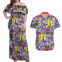 New Caledonia Joyeux Noel Couples Matching Off Shoulder Maxi Dress and Hawaiian Shirt Pacific Patchwork Xmas Vibes - Polynesian Pride