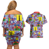 New Caledonia Joyeux Noel Couples Matching Off Shoulder Short Dress and Hawaiian Shirt Pacific Patchwork Xmas Vibes - Polynesian Pride