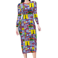 New Caledonia Joyeux Noel Family Matching Long Sleeve Bodycon Dress and Hawaiian Shirt Pacific Patchwork Xmas Vibes LT9 Mom's Dress Blue - Polynesian Pride
