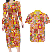 Niue Monuina e Kilisimasi Couples Matching Long Sleeve Bodycon Dress and Hawaiian Shirt Pacific Patchwork Xmas Vibes LT9 Yellow - Polynesian Pride