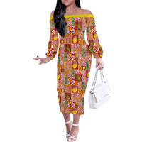Niue Monuina e Kilisimasi Family Matching Off The Shoulder Long Sleeve Dress and Hawaiian Shirt Pacific Patchwork Xmas Vibes LT9 Mom's Dress Yellow - Polynesian Pride