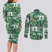 Norfolk Island Meri Krismas Couples Matching Long Sleeve Bodycon Dress and Long Sleeve Button Shirt Pacific Patchwork Xmas Vibes LT9 - Polynesian Pride